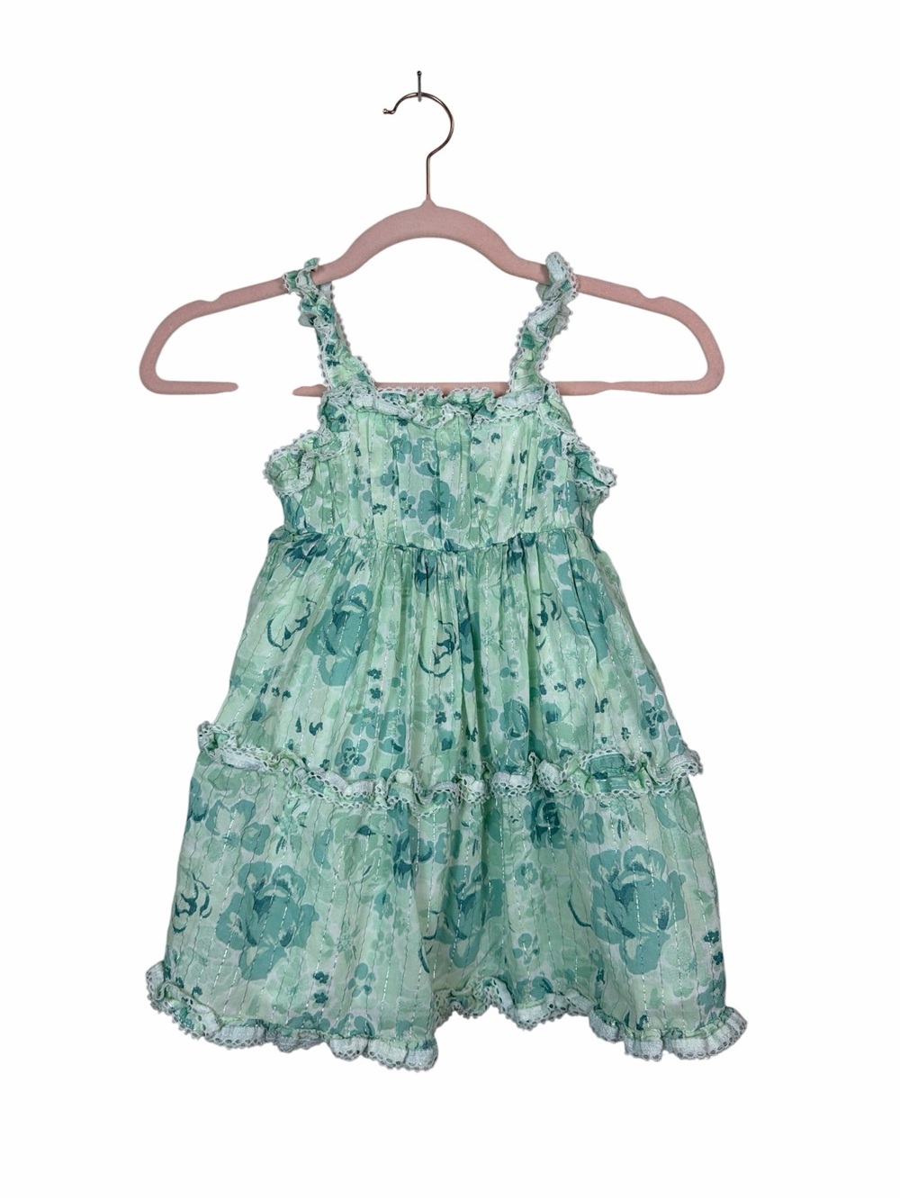 EttaVee Girls Dress 3T Mint Green Floral Metallic Stripe Lace Ruffle